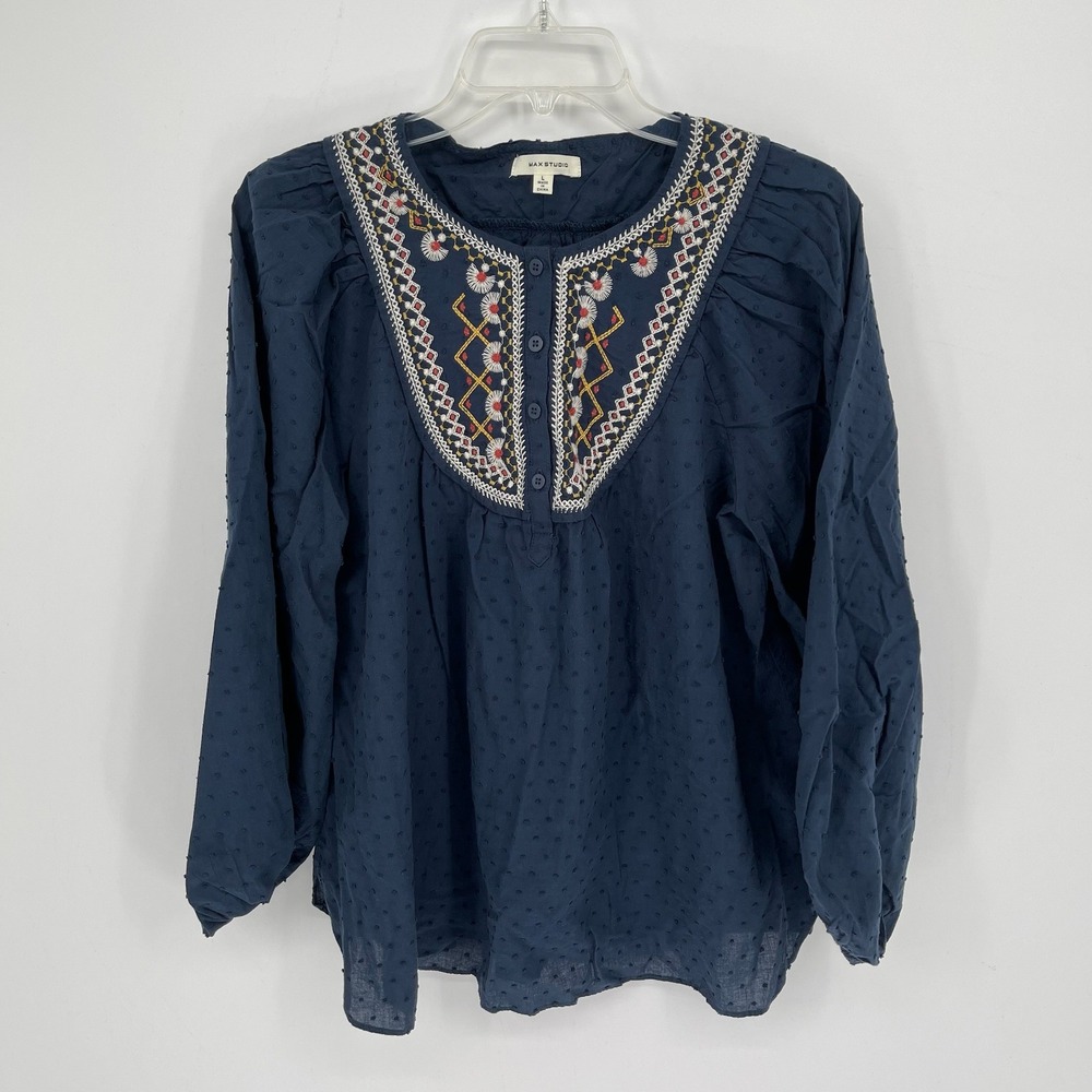 Max Studio Women's Navy Embroidered Swiss Dot Peasant Boho Top Blouse Size L